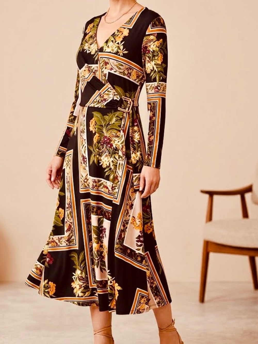 Joseph Ribkoff Midi Dress Black Orange Gold Geometric Floral Wrap sz 8 designer
